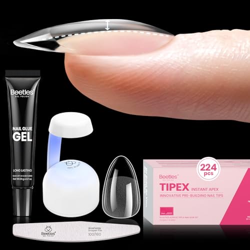 Beetles Tipex Instant Apex Nail Tips Kit, Almond Short 224Pcs 16 Sizes Pre-Building & Pre-Etched Thicker Acrylic Nails False Nail Extension with Tipex Uv Nail Glue Mini Nail Lamp