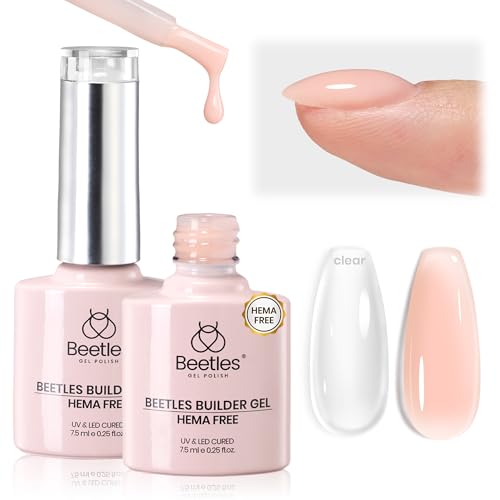 Beetles Builder Gel for Nails Hema-Free,2PCS 7 in 1 Clear & Nude Strengthener Gel for Building Nail Apex & Extension LED Lamp Cured Sensitive Nails Friendly for Beginners & DIY Salon Manicure