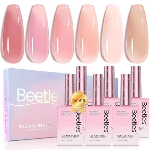 Beetles Nude Pink Gel Nail Polish Set, 6 Colors 15ML Light Pink Jelly Gel Nail Polish Kit Neutral Sheer Full Size Translucent Nail Concealer Soak Off UV Manicure Salon Colorful Bottle Gift for Women