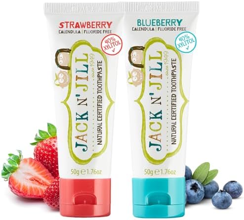 Jack N' Jill Natural Toothpaste for Kids - Fluoride Free Toothpaste, 40% Xylitol, BPA Free - Strawberry & Blueberry, 1.76 oz (2 Pack)