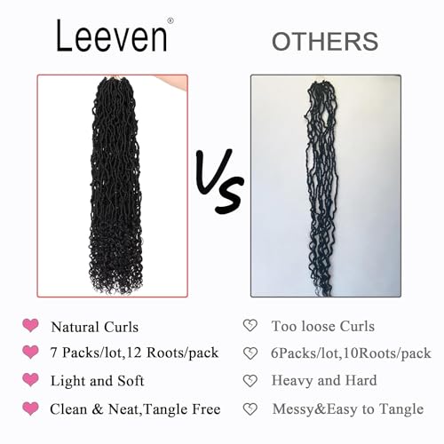Leeven 7 Packs Faux Locs With Curly Ends 18 Inch Pre-looped Goddess Locs Crochet Hair 84 Strands Natural Black Crochet Bohemian Soft Locs Braiding Hair Extensions With Curls for Women 1B#