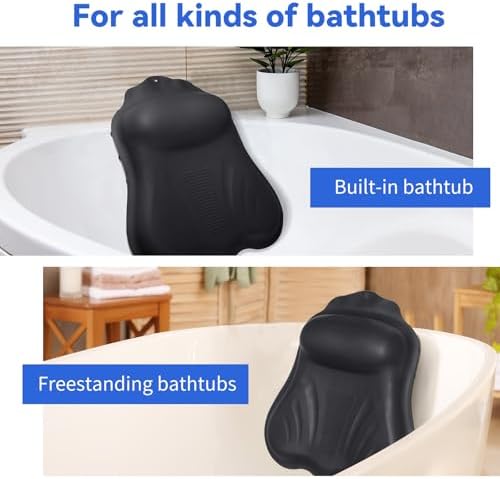 Goowin Bath Pillows for Tub, New Generation Skin-Friendly Silicone Bath Pillow, Luxury Bathtub Pillow for Head and Neck, Powerful Suction Tub Pillow for Bathtub with Inflatable Airbag (Black)