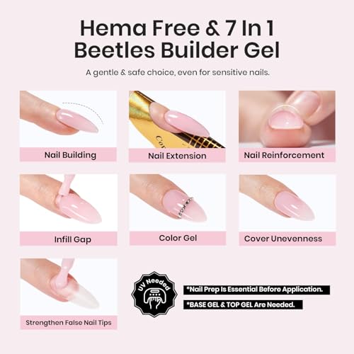 Beetles Hema Free Builder Nail Gel Set, 4 Color 7 in 1 Builder Nail Gel with Top and Base Coat for Thickening Nude Pink Jelly White Colors Transparent Extension Nails Beauty Gift Sets for Women