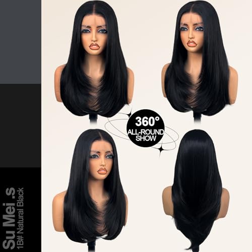 Glueless Synthetic Lace Front Wig 26 Inches Long Straight Black Wigs for Black Women 13x5x1 HD Lace Hand Tied Pre Plucked Hairline (#1B Natural Black, 26 Inch)