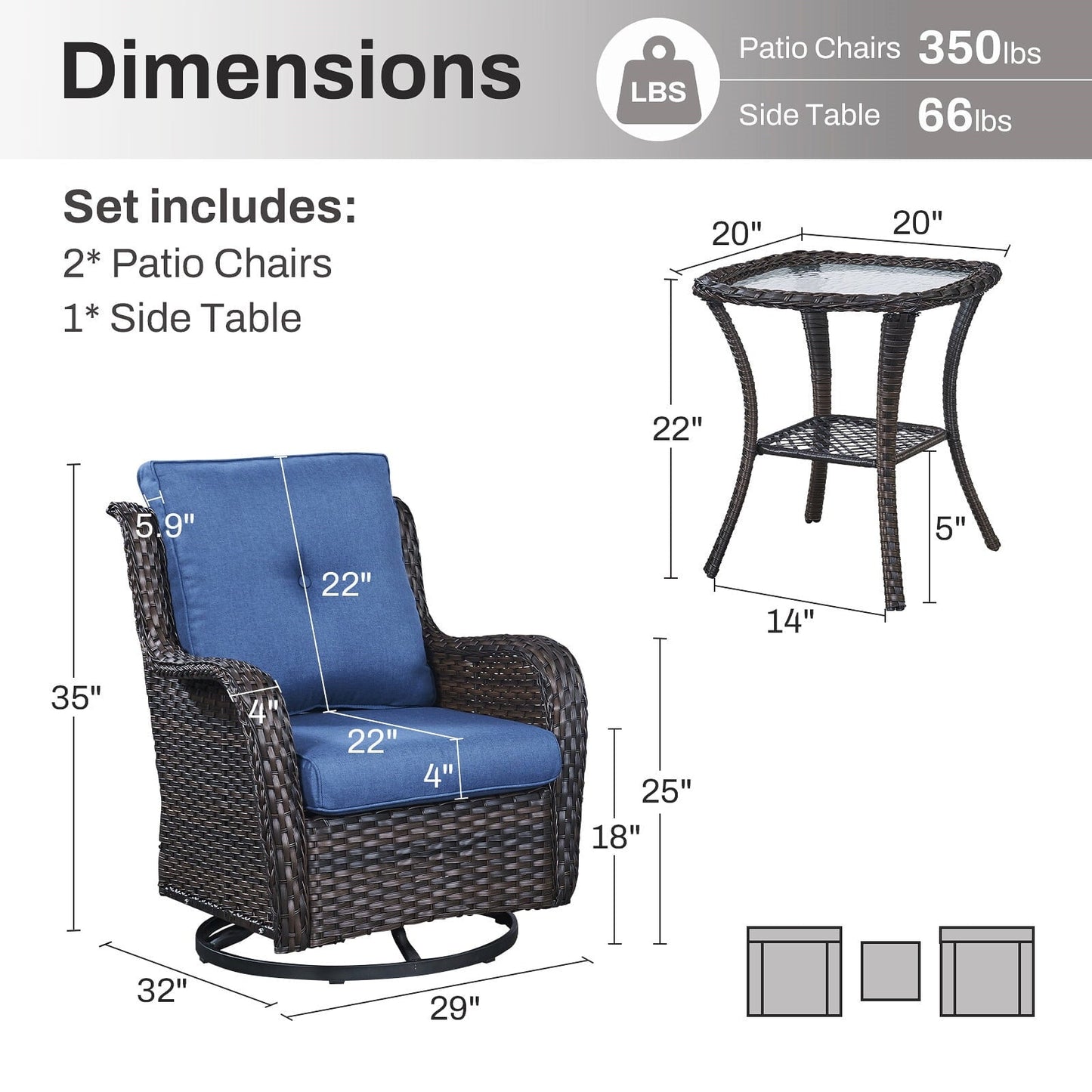 Bellefurn Outdoor Swivel Rocker Chairs Set of 2,Patio Wicker Swivel Glider Chairs Patio Rocking Chairs with Side Table Patio Furniture Set for Porch Deck Backyard Garden