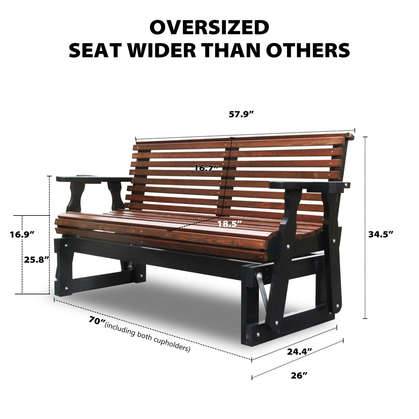 Beneouya Outdoor Glider Bench, Wooden Glider Chair with Cup Holders for Backyard, Garden Porch, Home, Dark Grey and Dark Brown