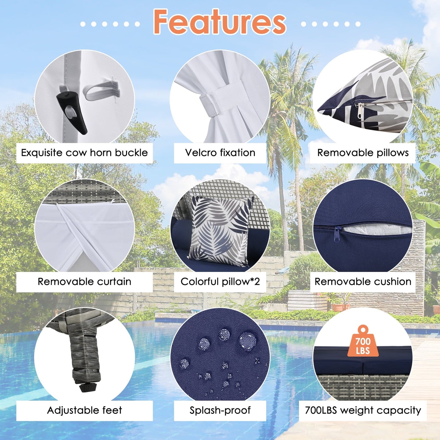 GO 90.5" Length Outdoor Lounge Bed with Decorative Pillows, Wicker Patio Daybed with Cushions, Canopy Design, Gray & Blue