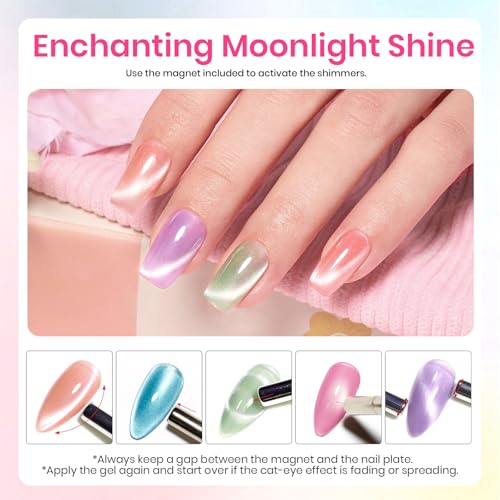 Beetles Cat Eye Gel Nail Polish Set, 6 Colors Pastel Shimmer Glitter Gel Polish Kit Soak Off LED UV Curing Requires Pink Red Blue Orange Green Purple Velvet Gel with Magnet Gift for Women