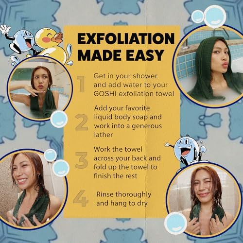 GOSHI Exfoliating Shower Towel - Rip-Resistant Exfoliating Washcloth for All Skin Types - Moss Green - Made in Japan