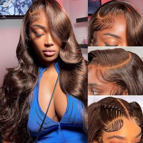 GOLFMAX 30 Inch Chocolate Brown Lace Front Wig Human Hair Body Wave 13x6 HD Lace Front Wigs Pre Plucked 200 Density Colored Brown Wig Human Hair Wigs For Women
