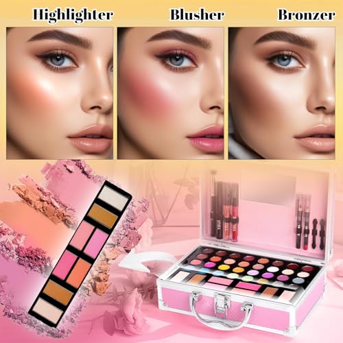 Beginner Makeup Kit for Teen,Makeup Set for Girl Women,Beginner Makeup Kit with Cosmetic Train Case Included 32 Colors Eyeshadow Blush Contour Lip Gloss Lip Liner Mascara Eyeliner Mirror
