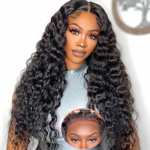 Glueless Wigs Human Hair Pre Plucked Pre Cut 5x5 Hd Lace Closure Wear and Go Deep Wave Curly Lace Front Wigs for Black Women Wet and Wavy Natural Hairline (22 Inch)
