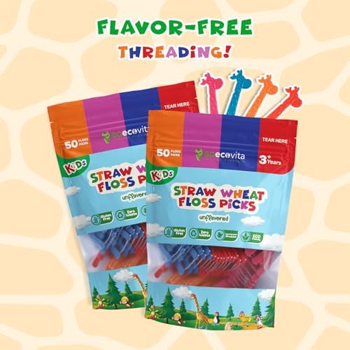 Biodegradable Kids Flossers - Unflavored Dental Floss Picks for Children | Fluoride & Plastic-Free | Colorful & Fun Animal Floss Sticks | Eco Friendly, Vegan, Natural (200 Pack, Unflavored)