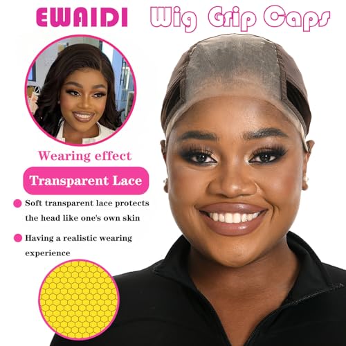 Lace Wig Grip Cap for Women 4x5 Transparent Lace Front Wig Cap with Gripper Headband to Keep Wig In Place Adjustable Lace Wig Gripper Make Your Wigs Gluless (Brown, Medium)