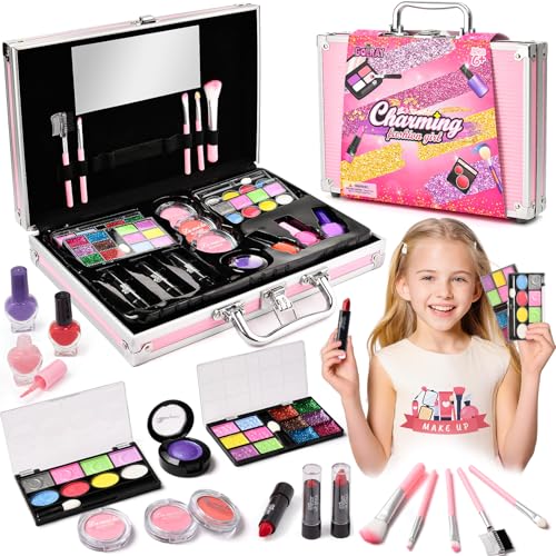 Golray Teen Makeup Kit for Girls Ages 8-12, Starter Full Make up Set With Train Case / 4 Eyeshadow Pallets/Blush/Nail Polish/Lipstick/Brush, Kid Birthday Gift Beauty Toy for Girl 9 10 11 12 Years