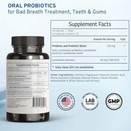 Lactobacillus Salivarius Oral Probiotics - Mouth Bad Breath Treatment for Adults, Dental probiotics for Teeth and Gums, Throat, Ear, Nose - 45 Chewable Mint Tablets