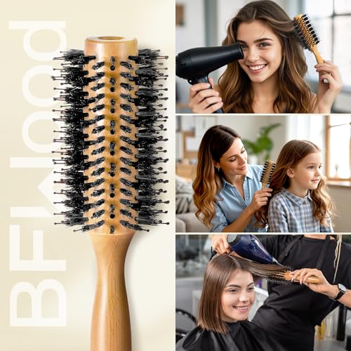 BFWood Round Brush for Blow Out, 1.2 Inch Natural Wooden Boar Bristle Hair Brush for Blow Drying, Curling, Styling & Volume