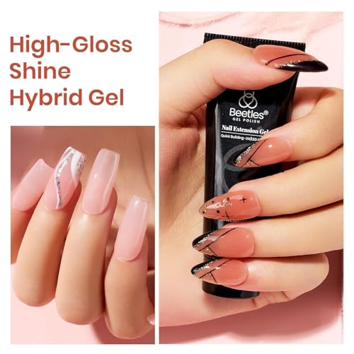 Beetles Poly Nail Gel Kit 6 Colors Clear Nude Brown Nail Extension Gel Set Builder Hybrid Jelly Gel with Nail Lamp Poly Extension Gel Nail Kit with Slip Solution Base Top Coat Gel Polish for Women