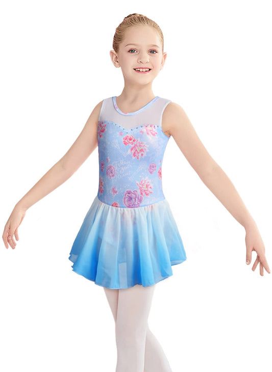 Belovance Dance Leotards for Girls Gymnastics Ballet Dress 2t 3t Toddler Kid Sleeveless Blue Flowers Tutu Skirted Leotard (Blue Flowers, 100(2-3T))