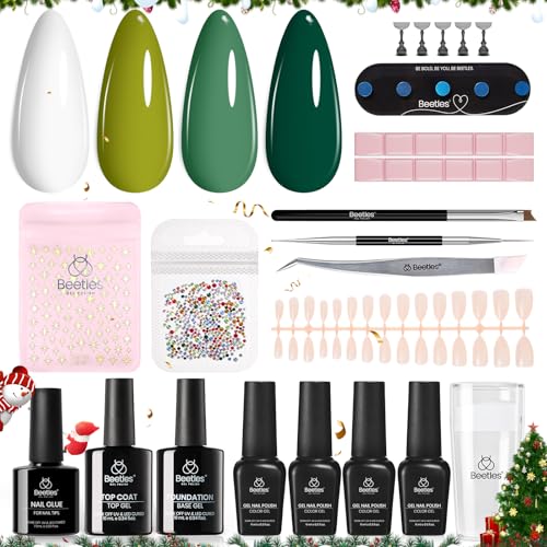 Beetles Spring Summer Gel Nail Polish Set Green Gel Polish White DIY Nail with Base and Top Coat Stellar Blossoms French Nails Stickers for Party Gift for Women