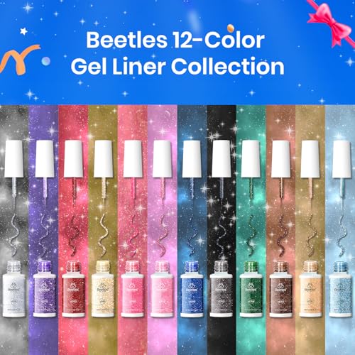 Beetles Nail Art Gel Liner Polish 12 Colors Reflective Glitter Gel Nail Polish, Gold Silver Pink Blue Purple Brown Black Kit Soak Off Uv Nail Art Design Set Summer Manicure Gifts for Women