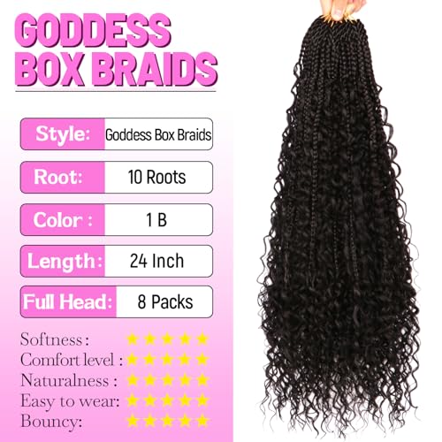 Goddess Boho Box Braids Crochet Hair-8 Packs 24 Inch Crochet Box Braids for Black Women Pre Looped (1B#, 24 Inch(Pack of 8))