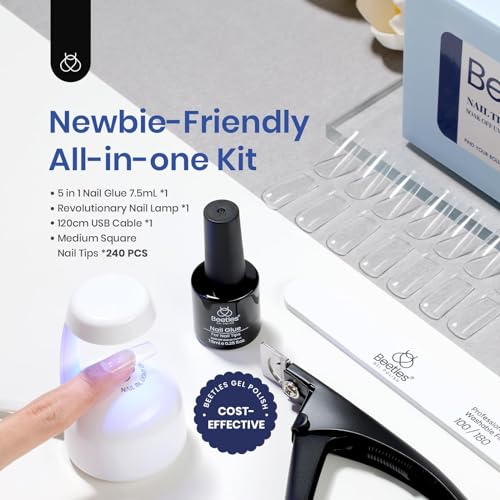 Beetles Gel Nail Kit Medium Square: Easy Nail Extension Set 5 In 1 Nail Glue Gel Base Coat with Pre shaped Medium Square Nail Tips and Uv Nail Lamp Acrylic Nail Kit for Women Beauty Gift Set