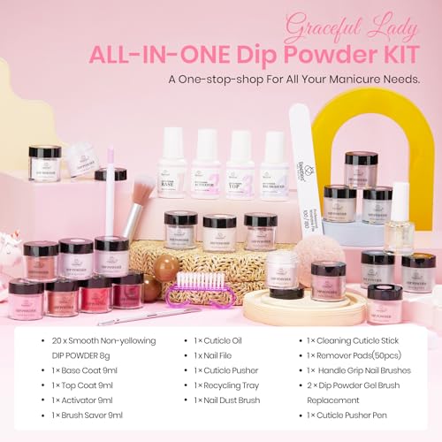 Beetles 36Pcs Dip Powder Nail Kit Starter, 20 Colors Nude Pink Yellow Gray Glitter Burgundy Dipping Powder Set with Base Top Coat Activator Brush Saver for Nail Art Manicure Graceful Lady Collection