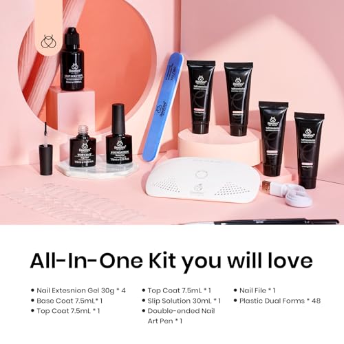 Beetles Poly Extension Gel Nail Kit, 4 Colors Nude Pink Neutral With Base Top Coat Manicure Enhancement All In One Poly Nail Gel Kit