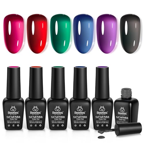 beetles Gel Polish 6 Colors Jelly Gel Nail Polish, Pink Red Black Blue Green Purple Sheer Jelly Gel Polish Translucent Effect Nail Concealer Spring Summer Gel Soak Off UV Manicure Gift for Women