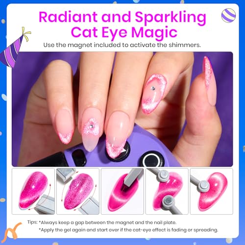 Beetles Cat Eye Gel Nail Polish, 6 Colors Summer Cat Eye Glitter Gel Polish Set Neon Red Pink Purple Blue Green with Magnet Velvet Gel Kit French Nail Art Manicure Gift for Women
