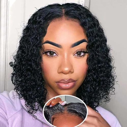 Glueless Wigs Human Hair Pre Plucked Pre Cut Wear and Go Glueless Wig for Beginners Bob Wig Human Hair 180% Density Deep Wave Curly Lace Front Wig 12 Inches Natural Black