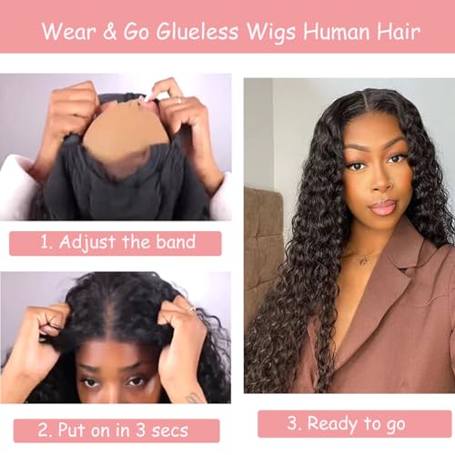 Glueless Wigs Human Hair Pre Plucked Pre Cut 5x5 Hd Lace Closure Wear and Go Deep Wave Curly Lace Front Wigs for Black Women Wet and Wavy Natural Hairline (22 Inch)