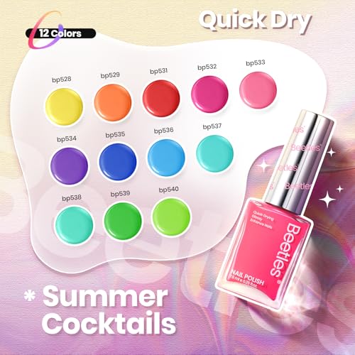 Beetles Neon Nail Polish Set - Quick Dry Nail Polish Kit 12 Colors Hot Pink Green Blue Yellow Red Regular Air Dry Fingernail Polish Pack for Women Gift Beetles Summer Cocktails 12 Colors