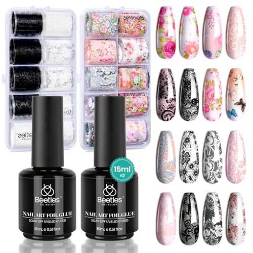 Beetles Nail Foil Glue Gel 2Pcs 15ml with 20 Pcs Lace Flower Butterfly Stickers Transfer White Black Lace Nail Foil Set, LED Lamp Soak Off DIY Manicure Gifts for Women