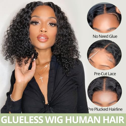 Glueless Wigs Human Hair pre plucked Pre Cut Short Curly Bob Lace Front Wigs for Black Women 4x4 Lace Closure Glueless Wig with Elastic Band for Beginners 10 Inch