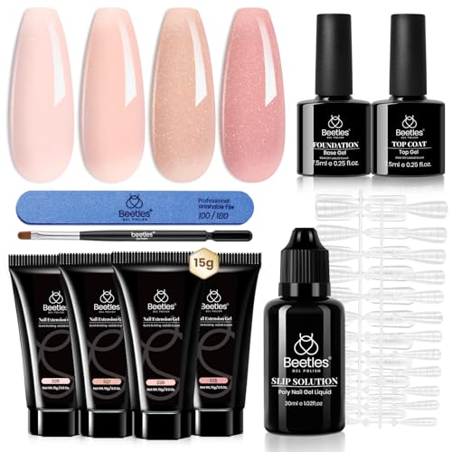 Beetles Poly Extension Gel Nail Kit, 4 Colors Nude Pink Neutral With Base Top Coat Manicure Enhancement All In One Poly Nail Gel Kit