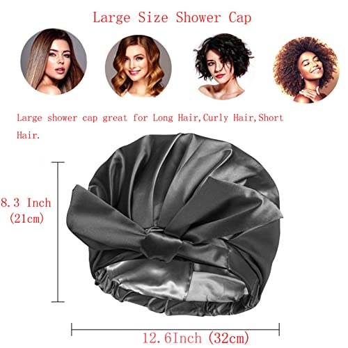 Large Reusable Waterproof Adjustable Shower Cap with Silk Satin Lined Luxury Shower Cap for Long Hair (Black)