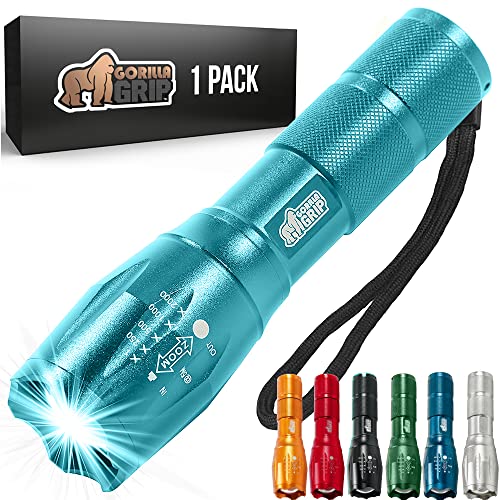Gorilla Grip Powerful LED 750 FT Water Resistant 5 Adjustable Mode Tactical Flashlight, High Lumens Ultra Bright Battery Life Zoom Flashlights, Small Camping Car Mini Flash Light Accessories Turquoise
