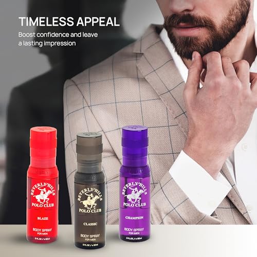 Beverly Hills Polo Club Men's Body Spray Collection Gift Set Featuring Luxury Designer Cologne Scents for Long Lasting Freshness BHPC 3 oz 3 Count (Gold)