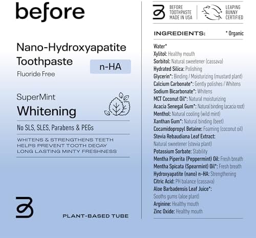 Before | Fluoride Free n-HA Whitening Toothpaste | Natural, Nano Hydroxyapatite Helps Strengthen Teeth & Remineralize Enamel for Oral Health, Lasting Mint Flavor, Made in The USA — 4.4oz