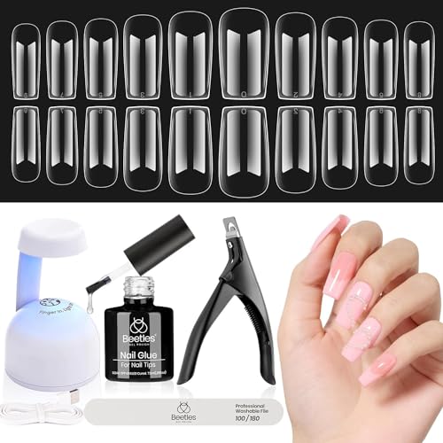 Beetles Gel Nail Kit Medium Square: Easy Nail Extension Set 5 In 1 Nail Glue Gel Base Coat with Pre shaped Medium Square Nail Tips and Uv Nail Lamp Acrylic Nail Kit for Women Beauty Gift Set