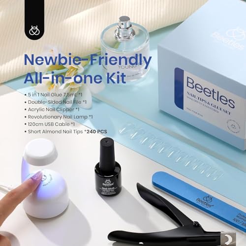 Beetles Gel Nail Kit Short Almond, 240Pcs Easy Nail Extension Set Shaped Clear Tips with 5 in 1 Nail Glue Base & Top Coat and Mini UV Lamp, Nail Tips Art Acrylic Nail Kit Gifts for Women