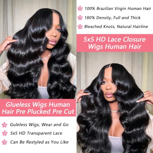 Glueless Wigs Human Hair Pre Plucked Pre Cut 5x5 HD Lace Closure Wigs Human Hair 180% Density Wear and Go Body Wave Lace Front Wigs Human Hair for Women 28 Inch