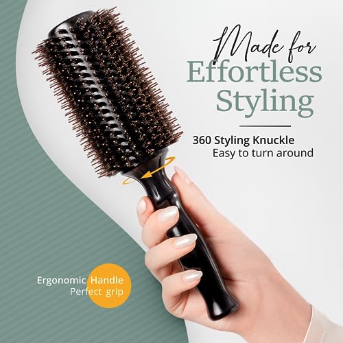 Belula Boar Bristle Round Brush for Blow Drying Set. Round Hair Brush With Large 2.7” Wooden Barrel. Hairbrush Ideal to Add Volume and Body. Free 3 x Hair Clips & Travel Bag.