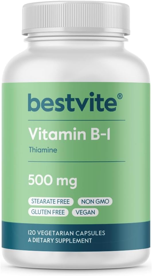 BESTVITE Vitamin B-1 (Thiamin) 500mg (120 Vegetarian Capsules) - No Stearates - Vegan - No Calcium Carbonate - Non GMO - Gluten Free - No Silicon Dioxide