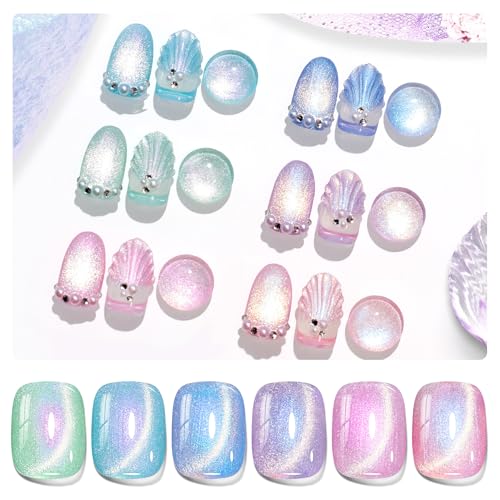 Beetles Cat Eye Gel Nail Polish Set - 6 Colors Summer Chameleon Cat Eye Green Pink Blue Purple Mermaid Gel with Magnet Soak Off UV Prismatic Mirage Collection Salon Nail Art Manicure Gift for Women