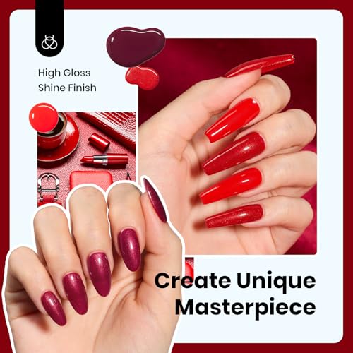 Beetles Red Gel Nail Polish Set-15ML 6 Colors Shimmer Bloody Red Burgundy Gel Polish Kit Soak Off UV Full Size Nail Polish Nail Art Salon Design DIY Gift for Women Colorful Bottle