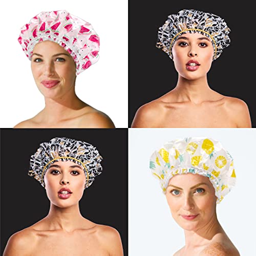 Betty Dain Reusable Vinyl Shower Cap & Bath Cap (4 Pack), Frosted PEVA Elastic Stretch Hem. Waterproof Stretchy Hair Cap for all Hair Lengths - Hipster Collection