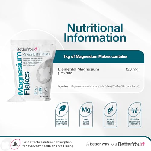 BetterYou Magnesium Mineral Bath Flakes - Mineral Bath Salts with Magnesium Chloride - Foot Bath or Body Bath Soak - Safe On Sensitive Skin - 2.3 lb